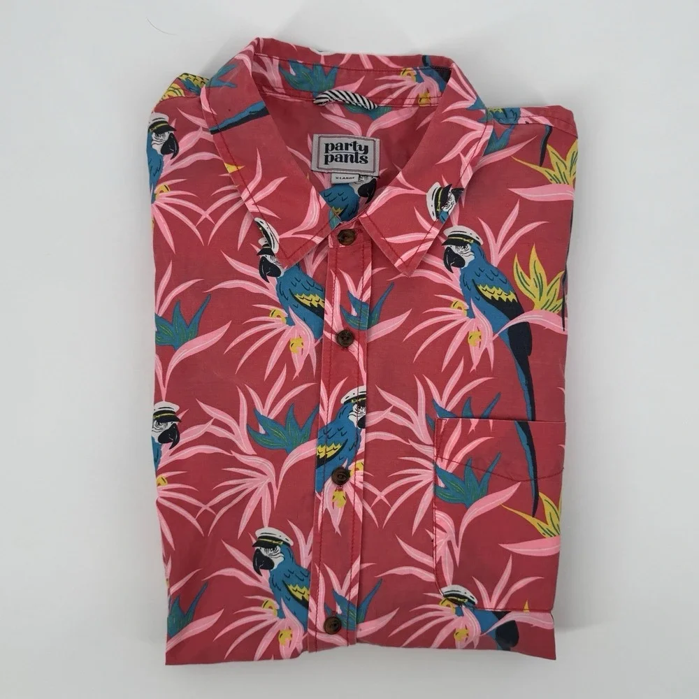 Party Pants Hawaiian Shirt XL‎ Pink Parrot Tropical Button Up Short Sleeve Beach